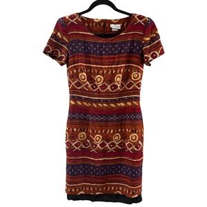 K.C. Spencer Vintage 90s Tribal Print Rayon Shift Dress Rust Burgundy Size 6